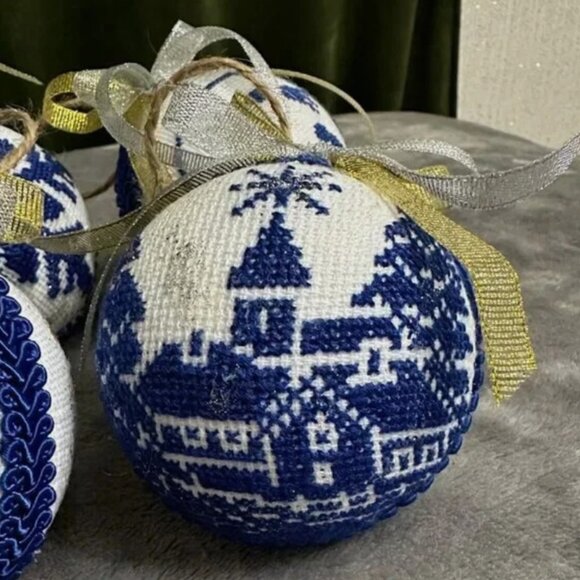 Set of 6 Handcrafted Embroidered Christmas Ornaments–Blue and White Nordic Style - Picture 2 of 13
